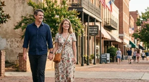 A couple strolling hand in hand through the historic streets of montgomery.