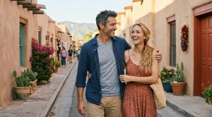 A couple strolling through the historic streets of albuquerque.