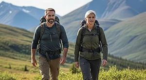 A couple hiking with backpacks. 
