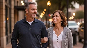 A couple walking along Polk Street at night in Amarillo.