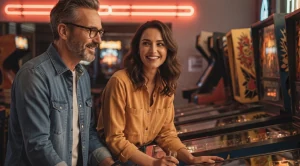 A couple playing arcade games.