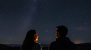 A couple is stargazing at saddle rock in aurora.