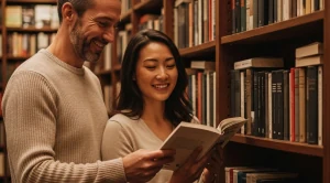 A couple looking at a book in a bookshop.