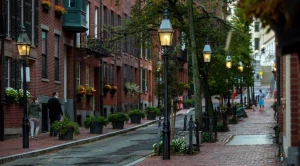 Street with buildings, trees and gaslamps on the sides.