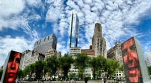 Skyline of Chicago and Crown Fountain Splash