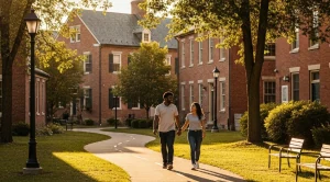 A couple walking hand in hand next to historic buildings. 