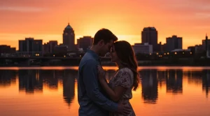 A couple hugging each other at the sunset in front of city skyline.