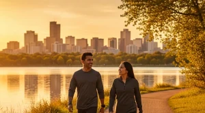 A couple walking at sunset at the Sloan Lake in Denver 
