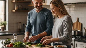 People preparing dinner for a dinner at home date.