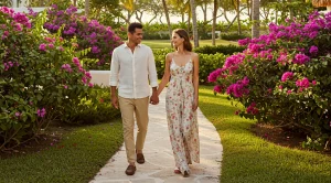 A couple strolling through a gardne near the signing tower in Lake Wales.