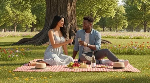 A couple sitting on a picnic blanket with snacks in a garden.