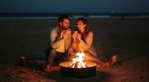 A couple sitting around a bonfire at night time in Huntington Beach.
