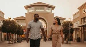 A couple holding hands in front of Northpark in Irvine.