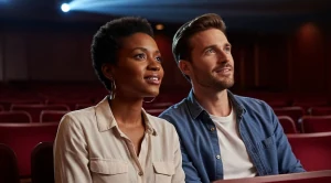 A couple enjoying a live performance in a theatre in Jersey City. 