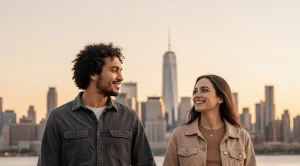 A couple walking hand in hand at the hudson river in Jersey City. 