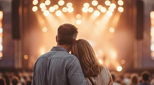 A couple standing in front of a stage, enjoying live music