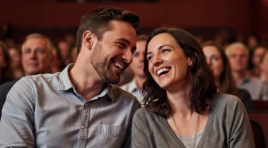 A couple laughing together at a show in NJPAC in Newark