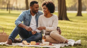 A couple picnicking in a park with snacks.