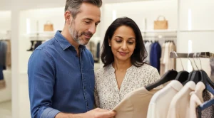 A couple is watching clothes while shopping.