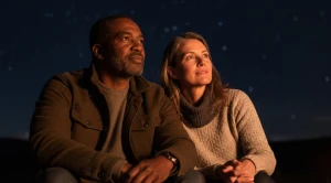 A couple sitting together at night.