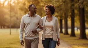 A couple is taking a walk in the sunset.