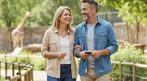 A couple visiting the zoo together. 