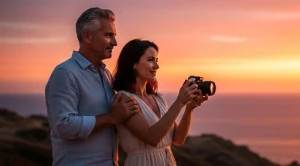 A couple taking pictures of the sunset.