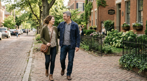 A couple enjoying a date in german village, columbus.