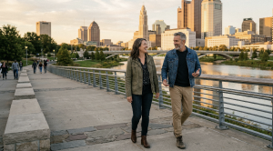 A couple walking the scioto mile in columbus on a date.