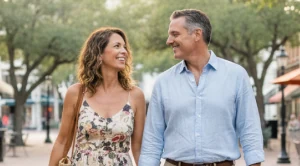 A couple strolling downtown ocala hand in hand.