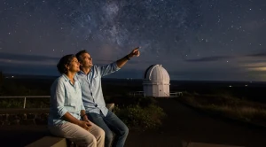 A couple visiting the astronomy center in imiloa, hawaii.