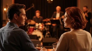 A couple enjoying jazz music in a small venue.