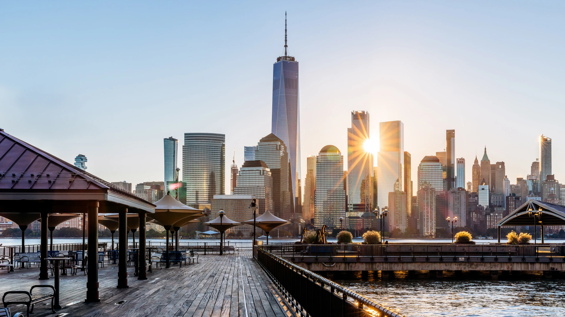 Skyline of Jersey City with river view.