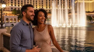 A couple walking side by side at bellagio fountain in las vegas.