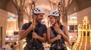 A couple enjoying the Fremont Street Zip Line in Las Vegas.