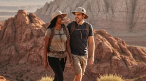A couple hiking at red rock canyon near las vegas.