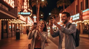 A couple exploring vintage vegas photospots with neon signs.