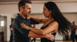 A couple attending a latin dance class.