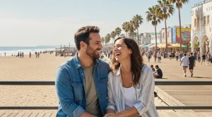 A couple sitting side by side enjoying a boardwalk date in Los Angeles.