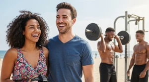 A couple meeting at the muscle beach in Los Angeles for a date.