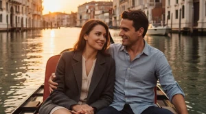 A couple enjoying a canal ride in Venice, Los Angeles.