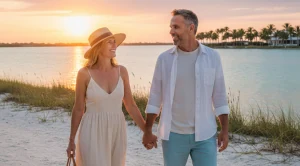 A couple walking hand in hand at lower grand lagoon area while sunset.
