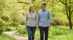 A couple visiting the university arboretum in madison.