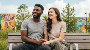 A couple enjoying a relaxed date on a park bench in domino park in Miami.