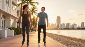 A couple rollerblading on ocean drive at sunset.