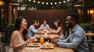 A couple enjoying a date at bells brewery beer garden.