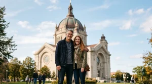 A couple in front of the cathedral of saint paul in minnesota.