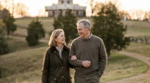 A couple exploring monticello area at sunset.