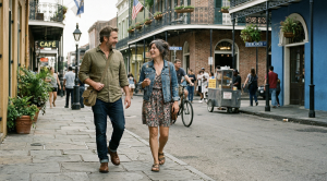 A couple strolling through the historic streets of new orleans. 