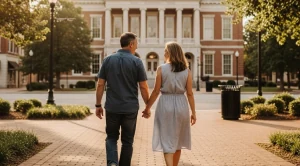 A couple strolling courthouse square hand in hand in newnan.